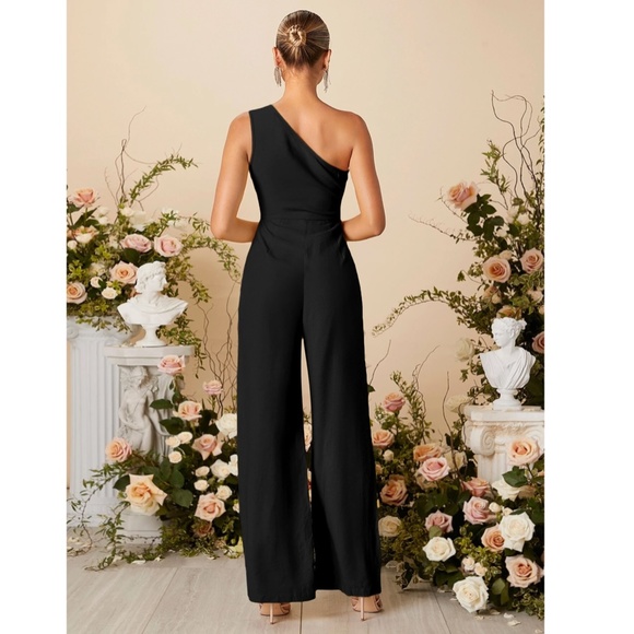 One Shoulder Black Elegant Jumpsuit High Waisted Long Culottes Pants - Picture 2 of 8